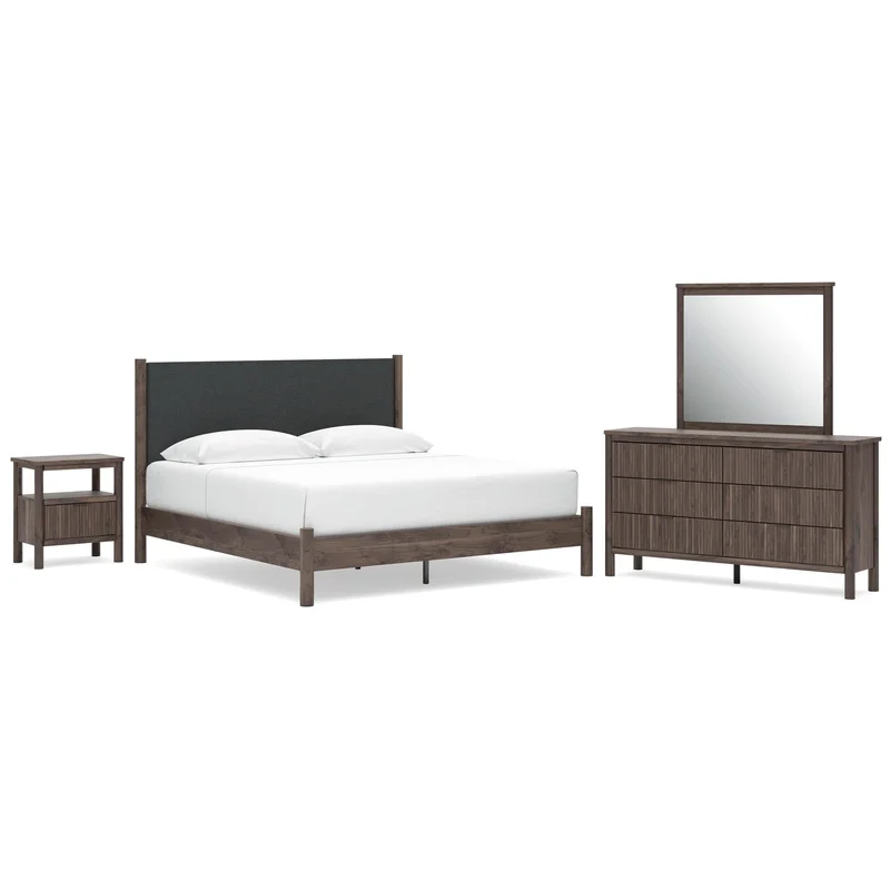 Cadmori King Upholstered Panel Platform Bed Dresser Mirror and Nightstand