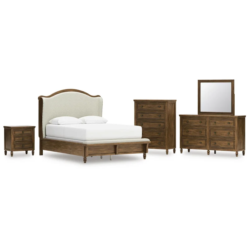 Sturlayne Queen Upholstered Panel Bed Dresser Mirror Chest and Nightstand