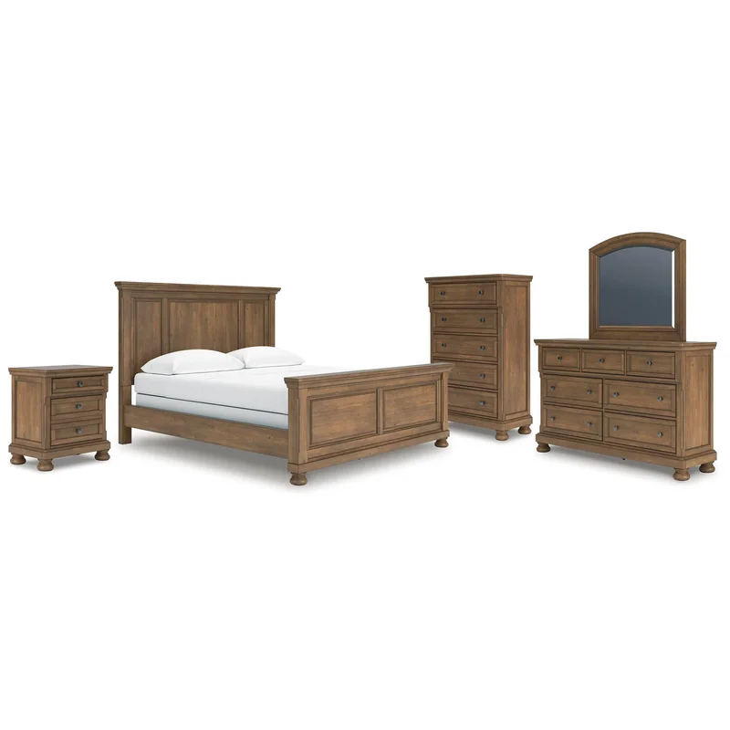 Vandenmore California King Panel Bed with Mirrored Dresser Chest and Nightstand