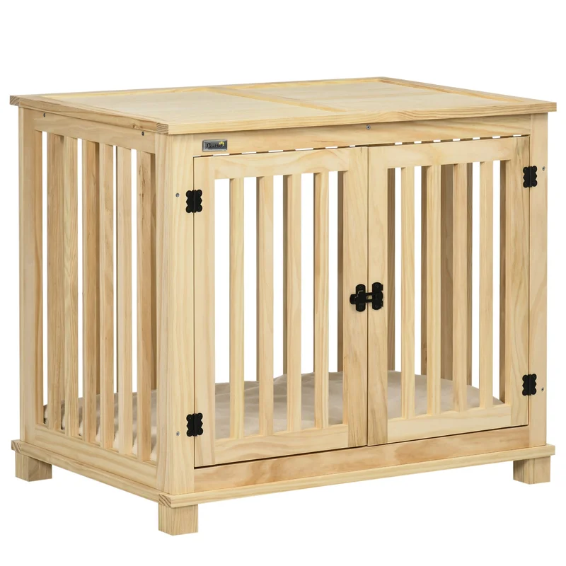 Wooden Dog Crate with Double Doors Cushion for Medium Dogs - Natural Finish
