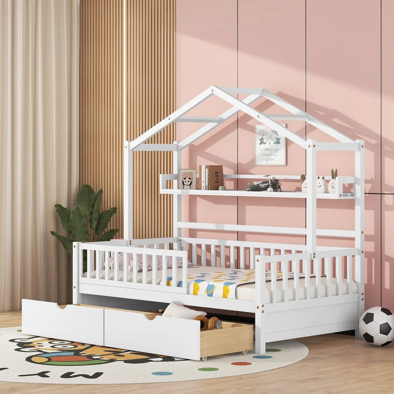 Wooden Twin Size House Bed with 2 DrawersKids Bed with Storage Shelf White
