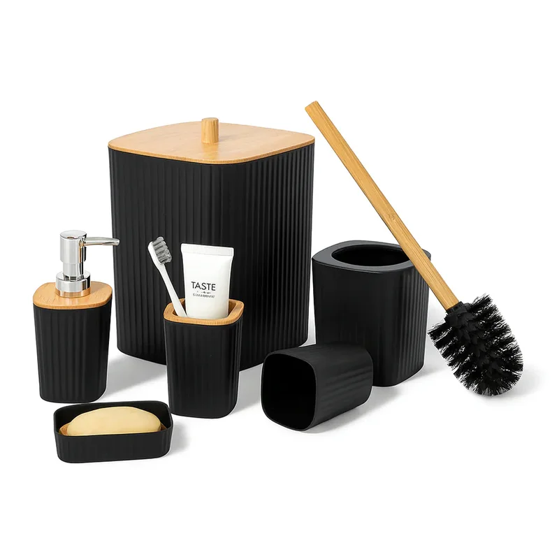 Acrylic 6-Piece Bathroom Accessory Set Black & Bamboo Finish