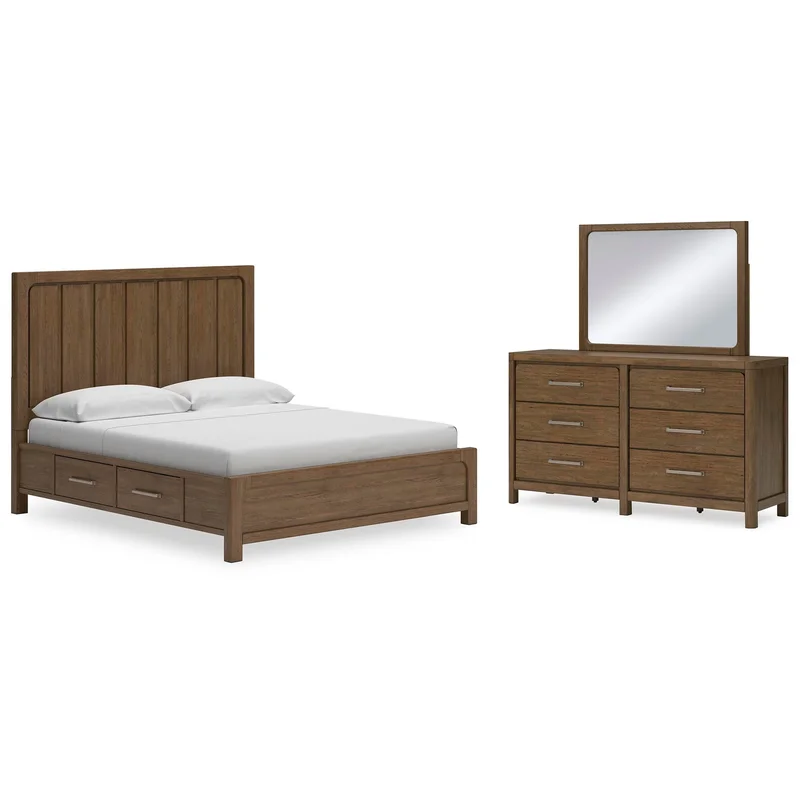 Cabalynn California King Panel Bed with Storage with Mirrored Dresser