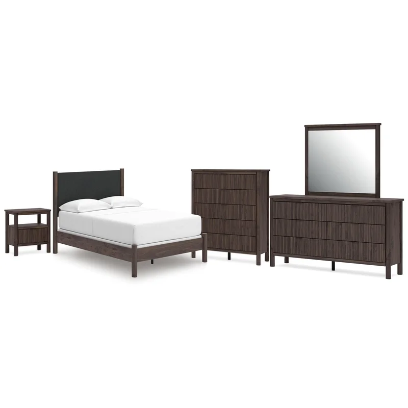 Cadmori Full Upholstered Panel Bed Dresser Mirror Chest and Nightstand
