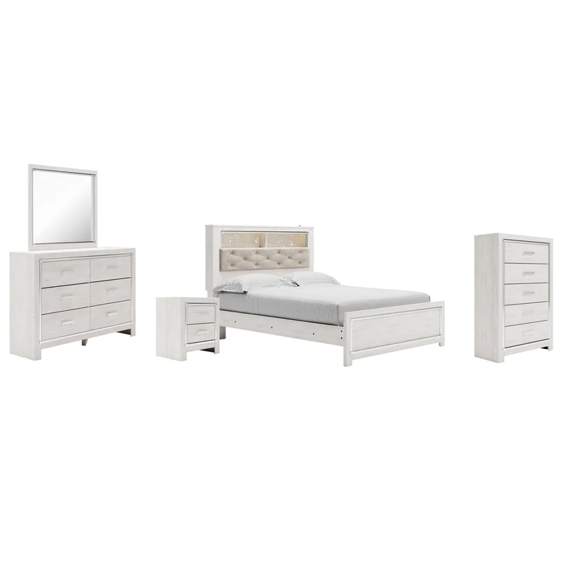 Altyra Queen Panel Bookcase Bed with Mirrored Dresser Chest and Nightstand