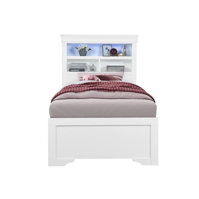 Pompei - Twin Bookcase Bed With LED - Metallic White