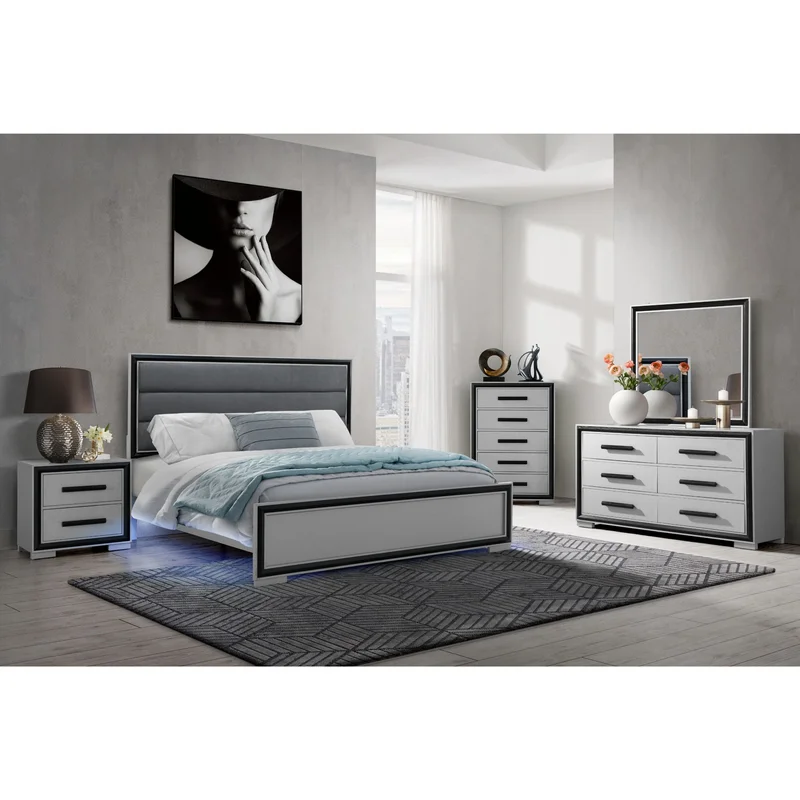 Amelia - 5 Piece Queen Bedroom Set With LED - Gray Black