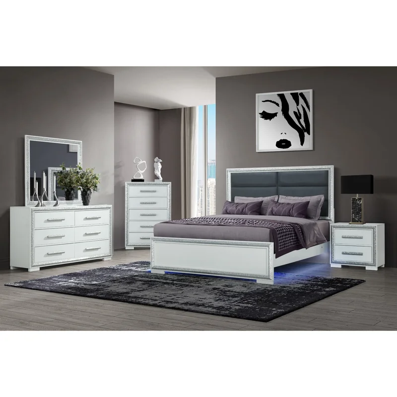 Andros - 5 Piece Queen Bedroom Set With LED - Silver (Queen Bed Dresser & Mirror)