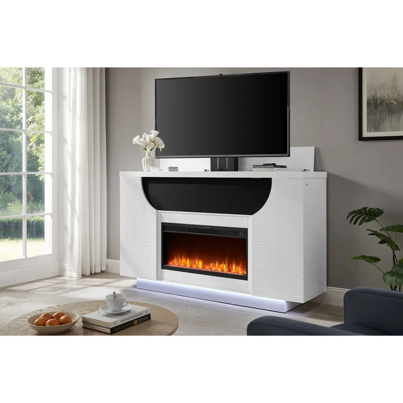Aveena - 76" Entertainment Unit With TV LED Speakers Crystal Inserts And Pop Up Center Doors - White