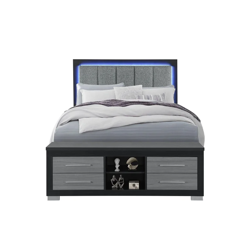 Emma - Queen Bed With LED And USB - Black / Gray
