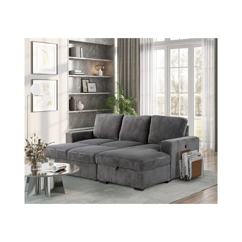 U2660 - L Shape Sectional With Pull Out Sofa Bed - Gray