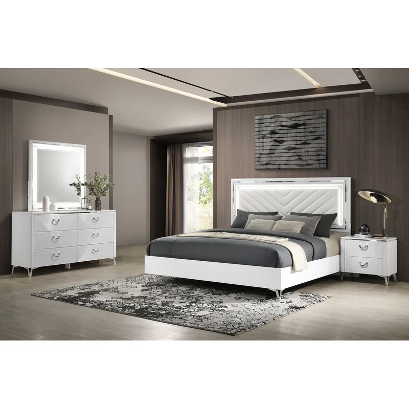Cassia 4-piece Eastern King LED Bedroom Set White High Gloss
