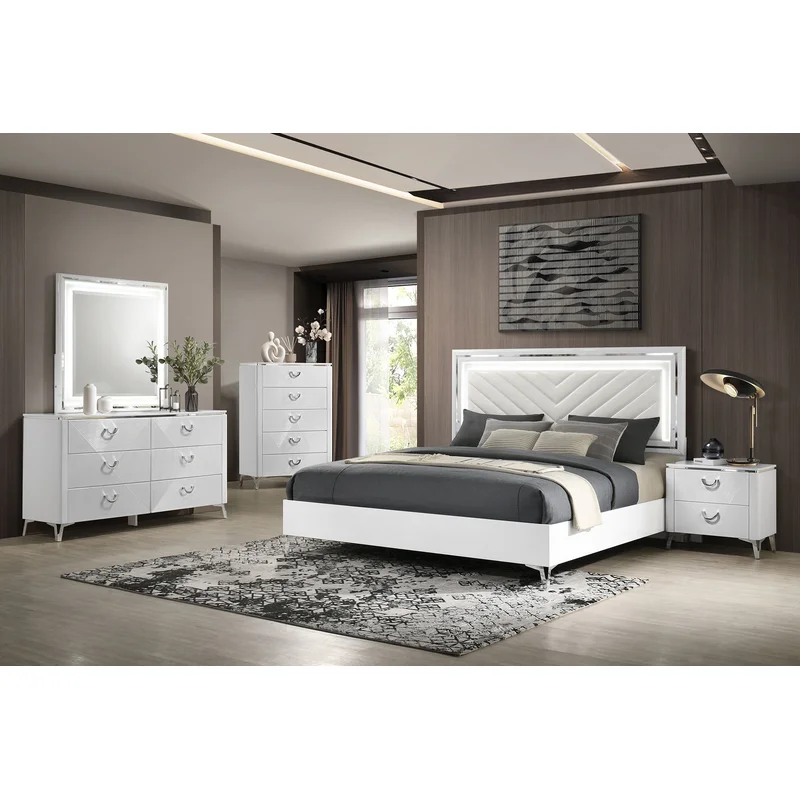 Cassia 5-piece Queen LED Bedroom Set White High Gloss
