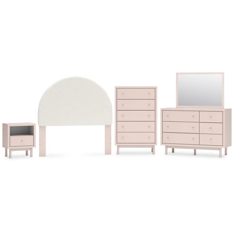 Wistenpine Full Upholstered Panel Headboard with Mirrored Dresser Chest and Nightstand