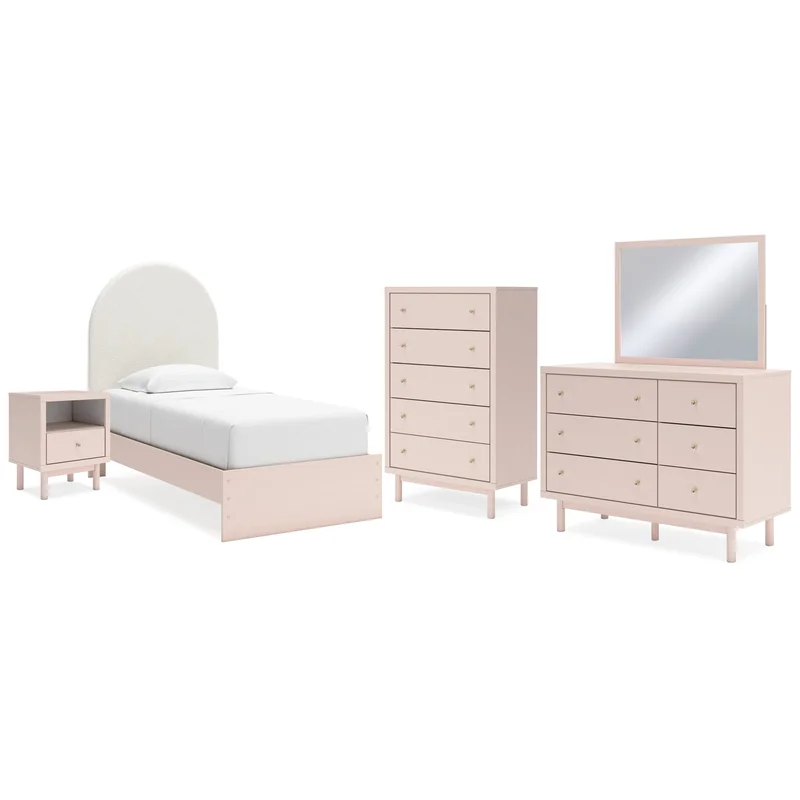 Wistenpine Twin Upholstered Panel Bed with Mirrored Dresser Chest and Nightstand