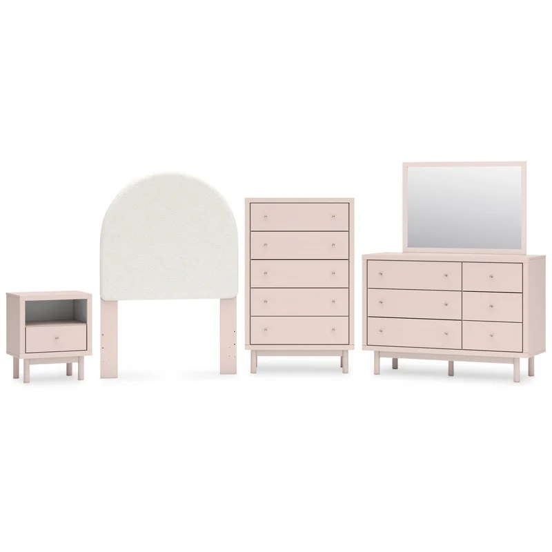 Wistenpine Twin Upholstered Panel Headboard with Mirrored Dresser Chest and Nightstand