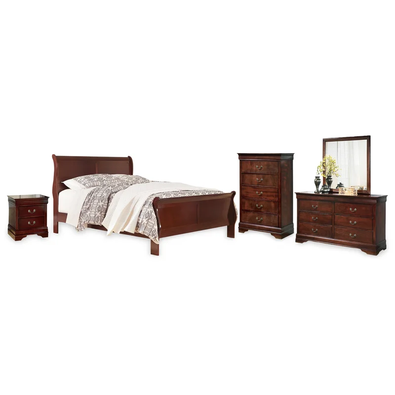 Alisdair California King Sleigh Bed with Mirrored Dresser Chest and Nightstand
