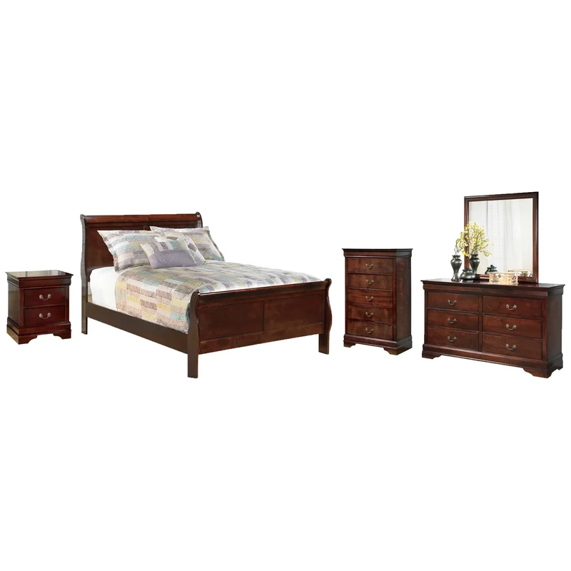 Alisdair Full Sleigh Bed with Mirrored Dresser Chest and Nightstand