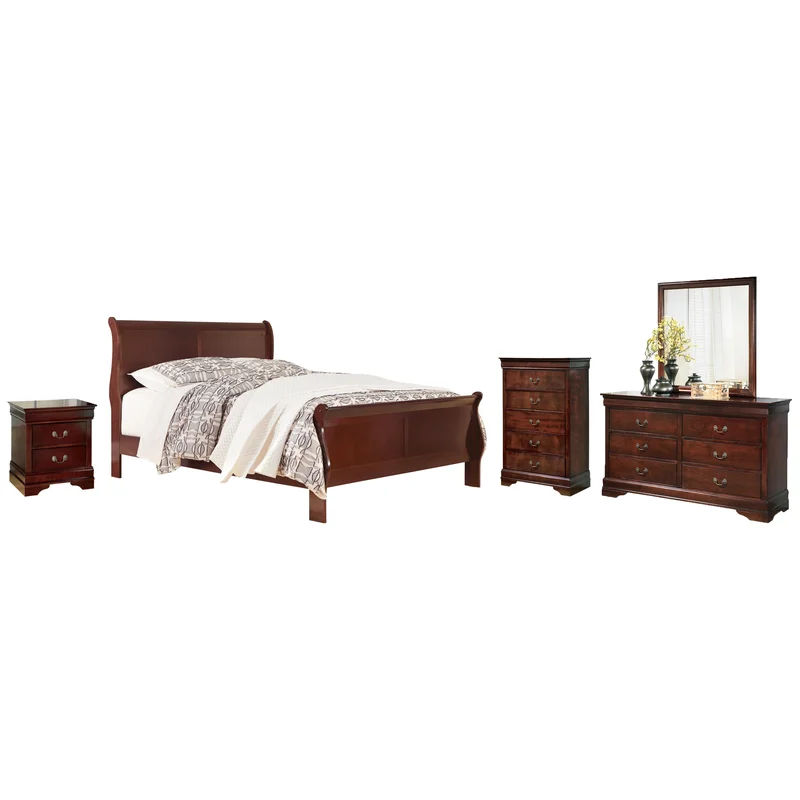 Alisdair Queen Sleigh Bed with Mirrored Dresser Chest and Nightstand