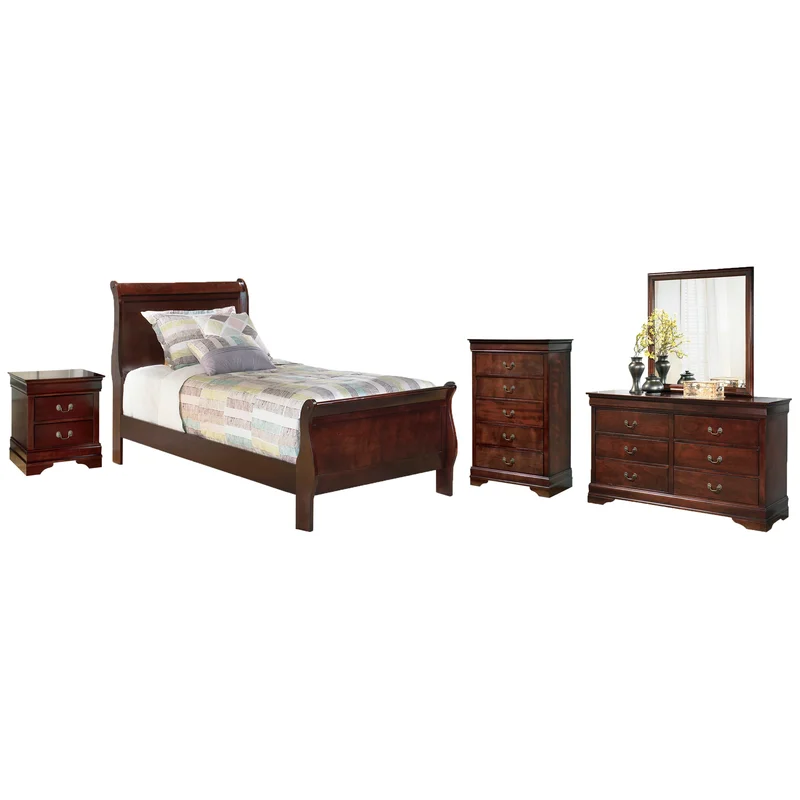 Alisdair Twin Sleigh Bed with Mirrored Dresser Chest and Nightstand