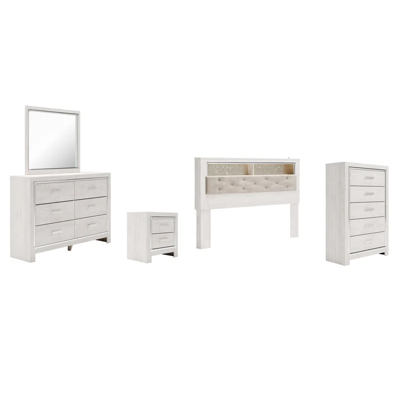 Altyra King Bookcase Headboard Bed with Mirrored Dresser Chest and Nightstand