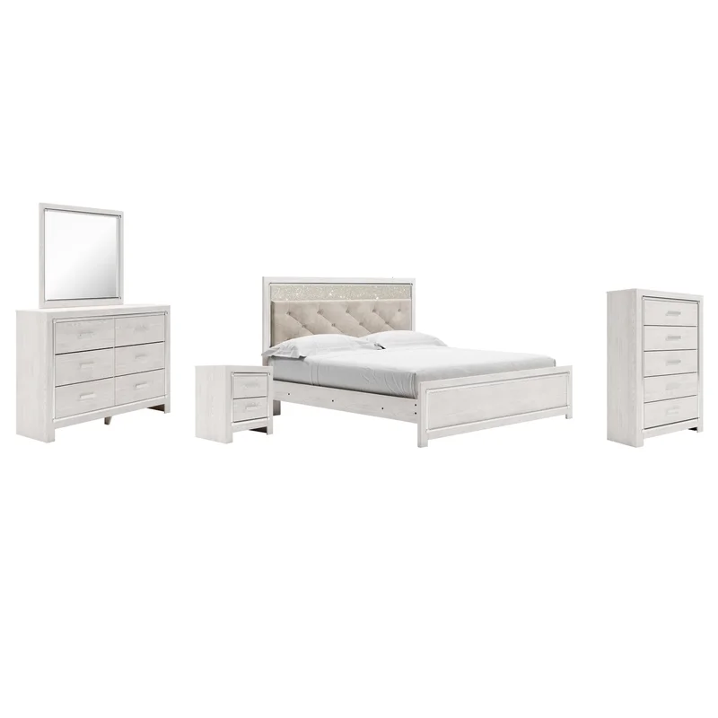 Altyra King Panel Bed with Mirrored Dresser Chest and Nightstand