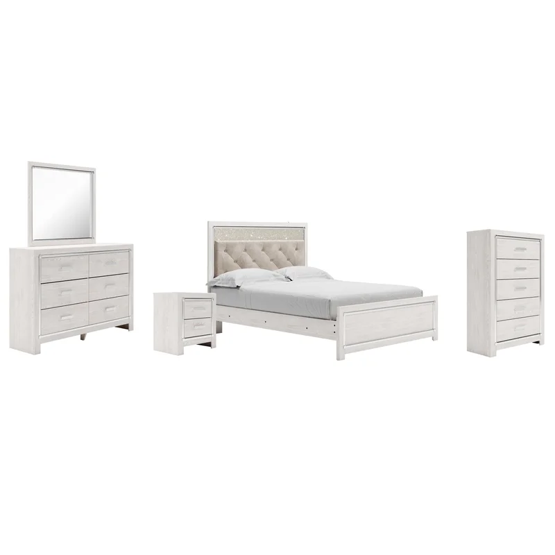Altyra Queen Panel Bed with Mirrored Dresser Chest and Nightstand
