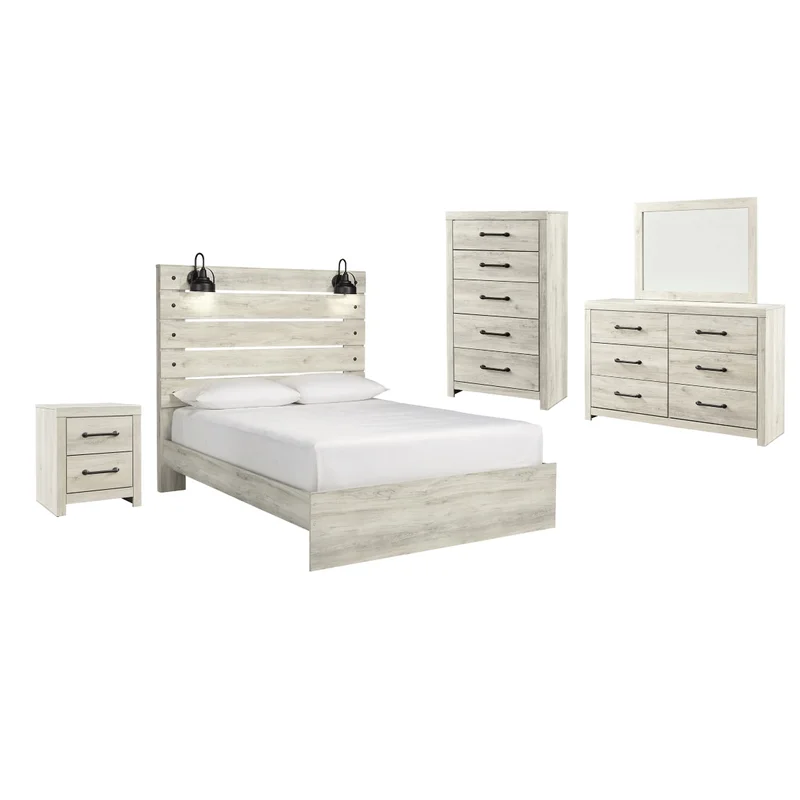Cambeck Queen Panel Bed with Mirrored Dresser Chest and Nightstand
