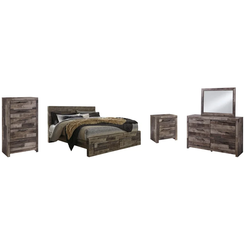 Derekson King Panel Bed with 2 Storage Drawers with Mirrored Dresser Chest and Nightstand