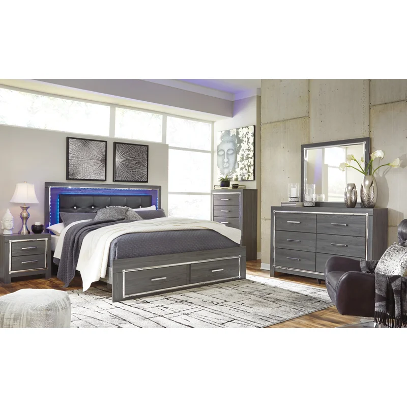 Lodanna King Panel Bed with 2 Storage Drawers Dresser Mirror Chest and Nightstand