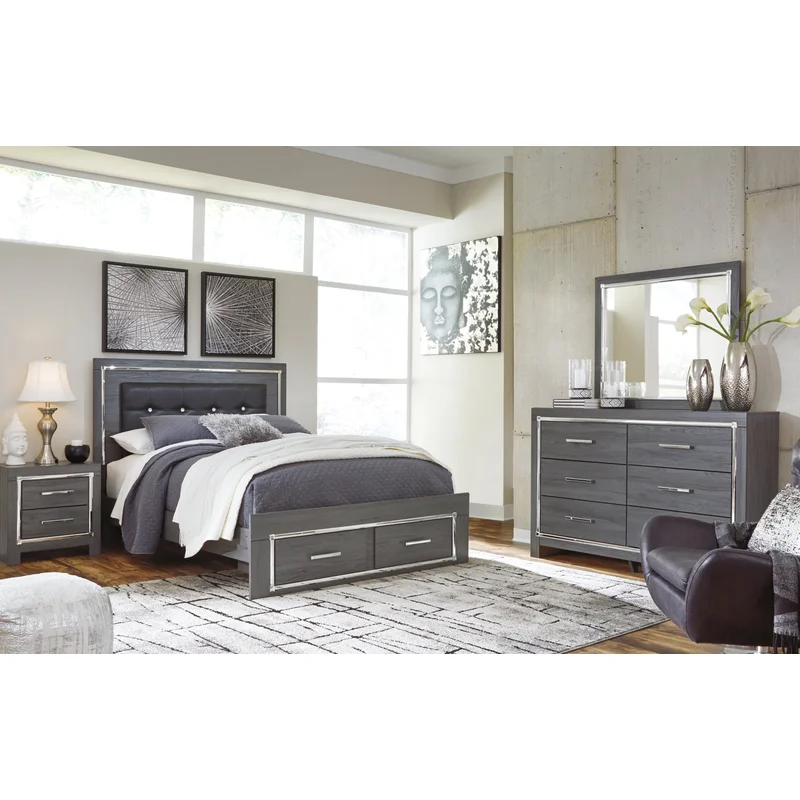 Lodanna Queen Panel Bed with 2 Storage Drawers with Mirrored Dresser Chest and Nightstand