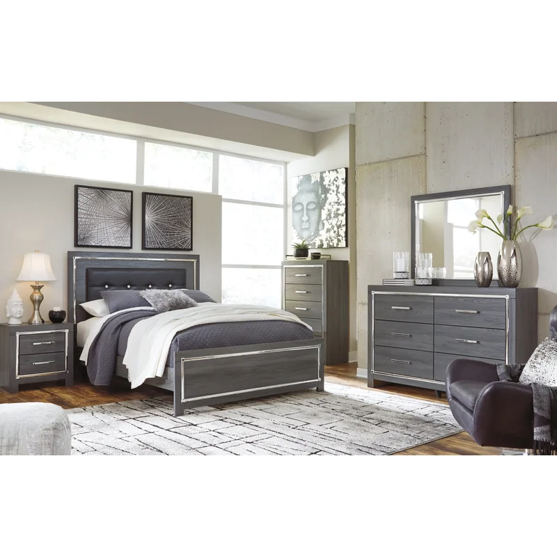 Lodanna Queen Panel Bed with Mirrored Dresser Chest and Nightstand
