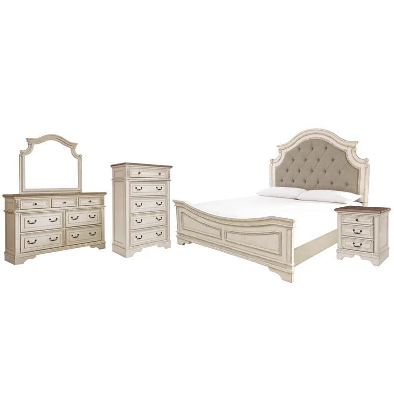 Realyn King Upholstered Panel Bed with Mirrored Dresser Chest and Nightstand