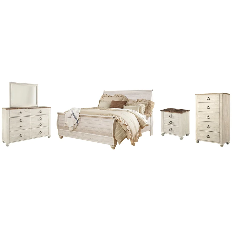 Willowton King Sleigh Bed with Mirrored Dresser Chest and Nightstand