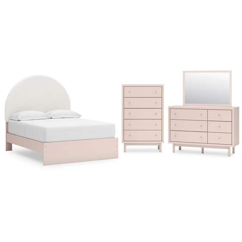 Wistenpine Full Upholstered Panel Bed with Mirrored Dresser and Chest