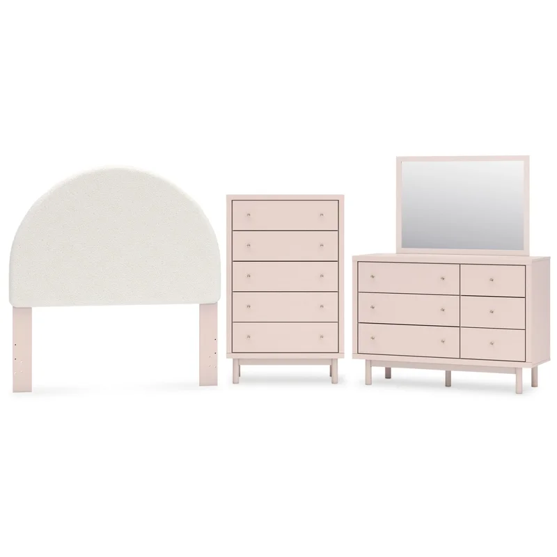 Wistenpine Full Upholstered Panel Headboard with Mirrored Dresser and Chest