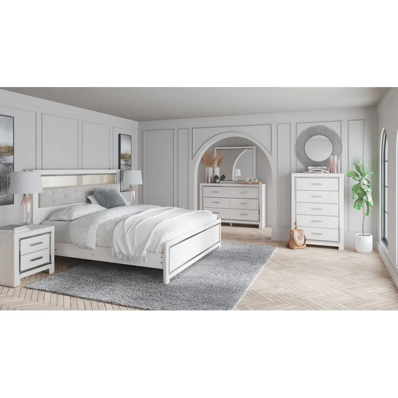 Altyra King Panel Bookcase Bed with Mirrored Dresser and Chest