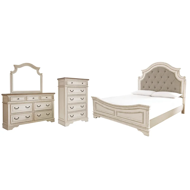 Realyn King Upholstered Panel Bed with Mirrored Dresser and Chest