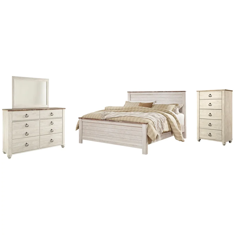 Willowton California King Panel Bed with Mirrored Dresser and Chest