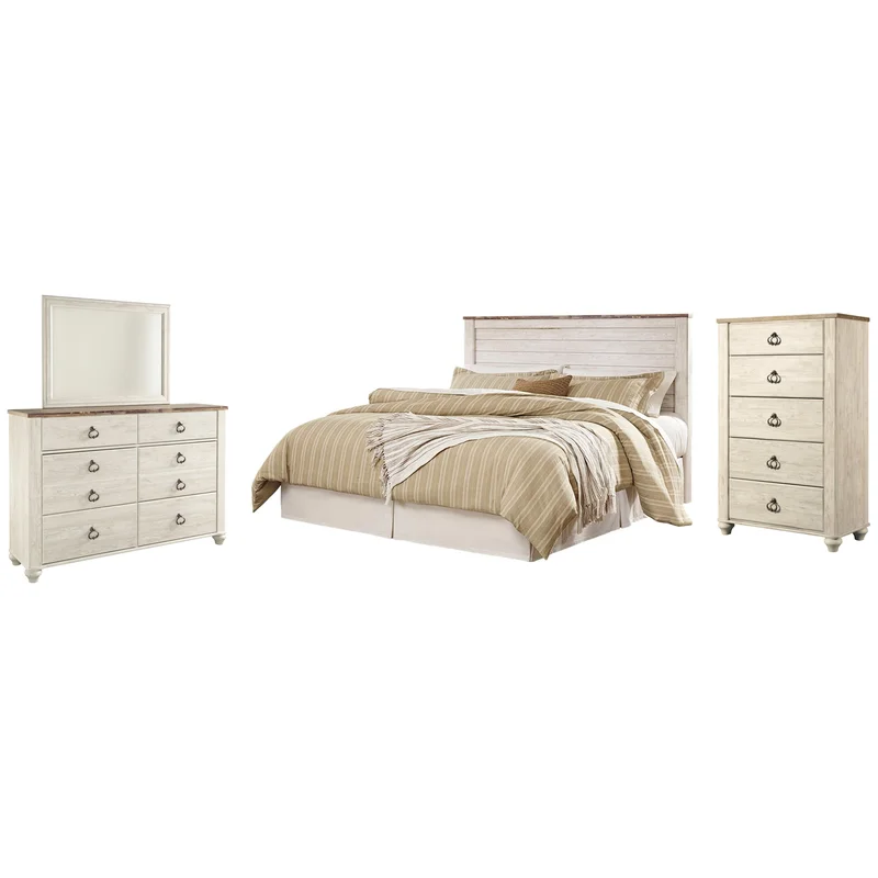 Willowton King/California King Panel Headboard Bed with Mirrored Dresser and Chest
