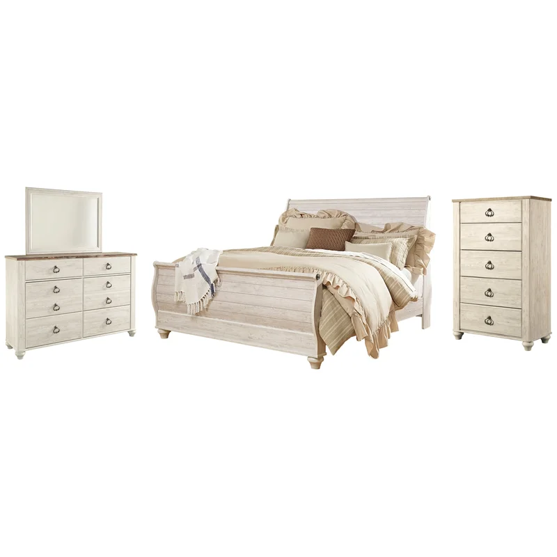 Willowton King Sleigh Bed with Mirrored Dresser and Chest