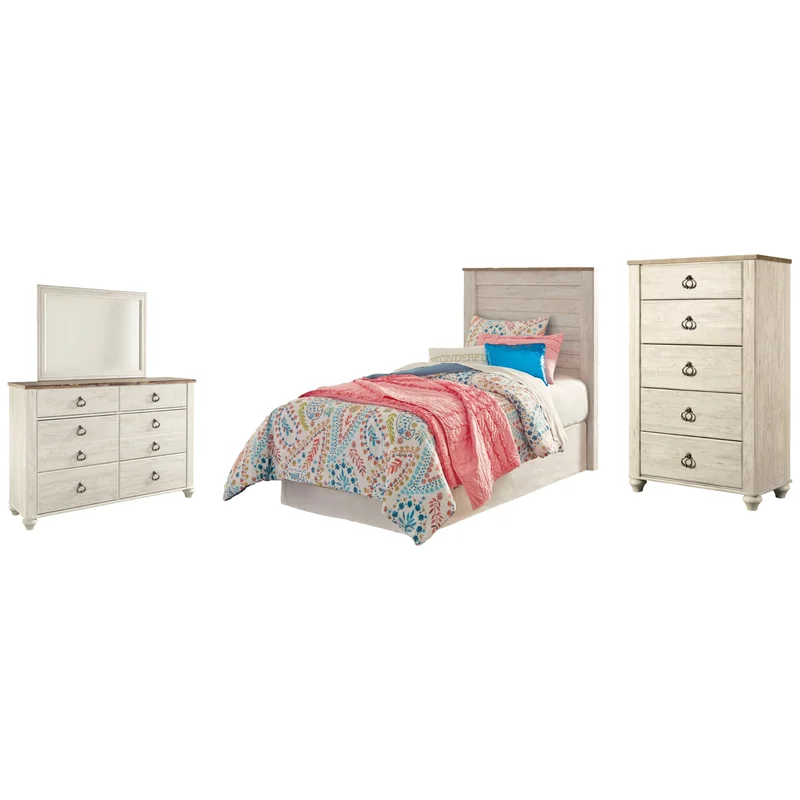 Willowton Twin Panel Headboard Bed with Mirrored Dresser and Chest