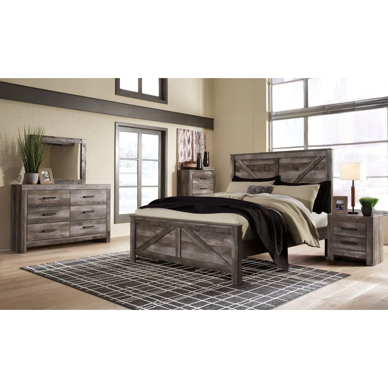 Wynnlow King Crossbuck Panel Bed with Mirrored Dresser and Chest