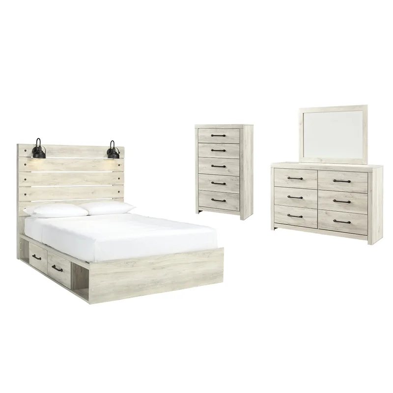 Cambeck Queen Panel Bed with 4 Storage Drawers with Mirrored Dresser and Chest