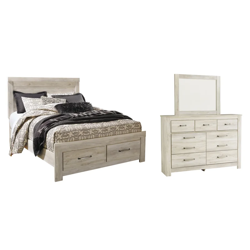 Bellaby Queen Platform Bed with 2 Storage Drawers with Mirrored Dresser