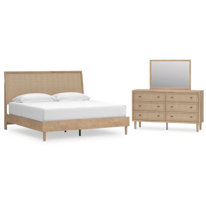 Cielden King Panel Bed with Mirrored Dresser