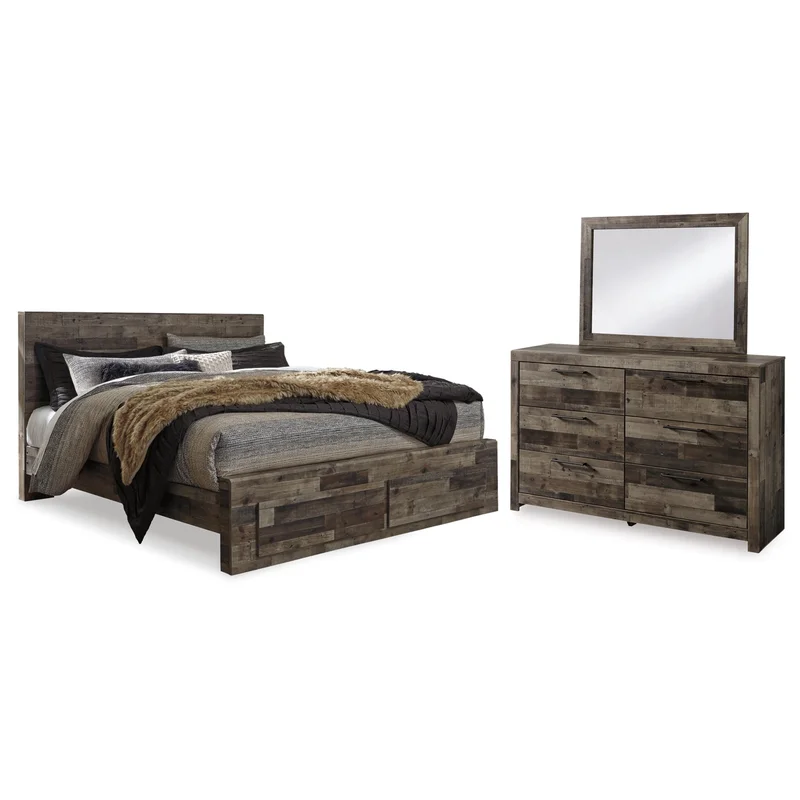 Derekson King Panel Bed with 2 Storage Drawers with Mirrored Dresser