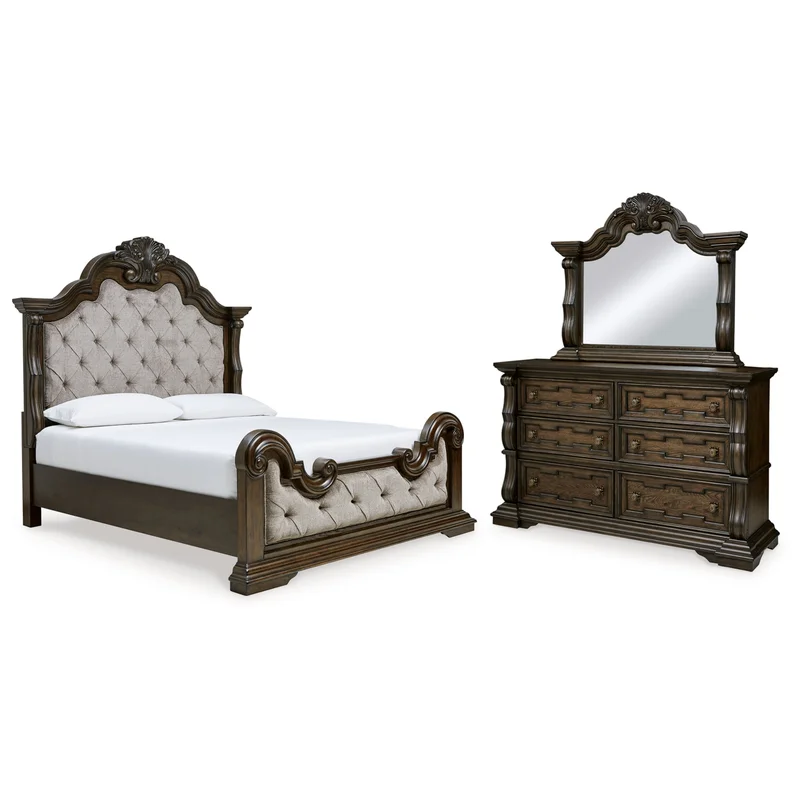 Maylee California King Upholstered Bed with Mirrored Dresser