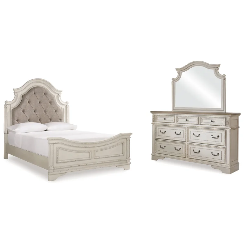 Realyn Queen Upholstered Panel Bed with Mirrored Dresser