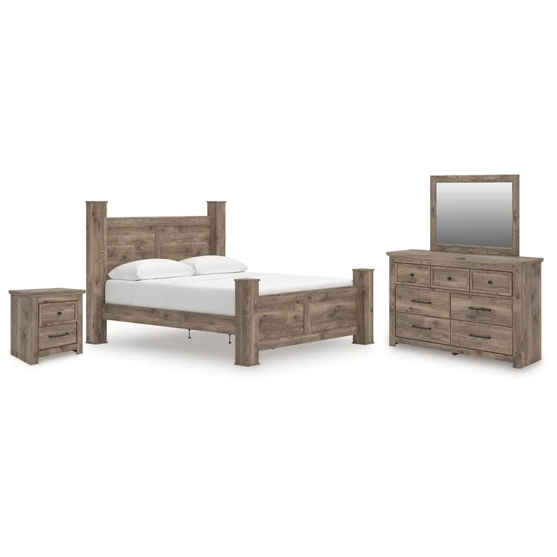 Rusticott California King Poster Bed with Mirrored Dresser and Nightstand